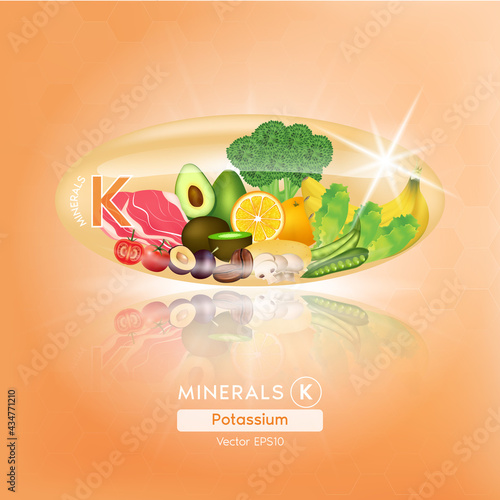 Orange potassium mineral capsules. Benefits Healthy food of vitamins with mineral meat, fruit and vegetables. Medical and dietary supplement care concept. 3D Vector EPS10 illustration