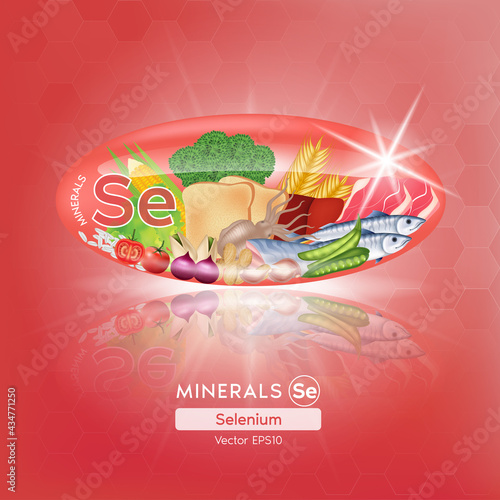 Red selenium mineral capsules. Benefits Healthy food of vitamins with mineral meat, seafood, vegetable and nuts. Medical and dietary supplement care concept. 3D Vector EPS10 illustration
