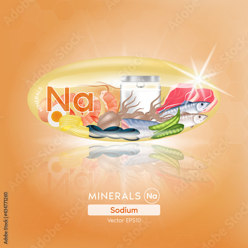 Blue sodium mineral capsules. Benefits Healthy food of vitamins with mineral seafood, meat and vegetables. Medical and dietary supplement care concept. 3D Vector EPS10 illustration photo