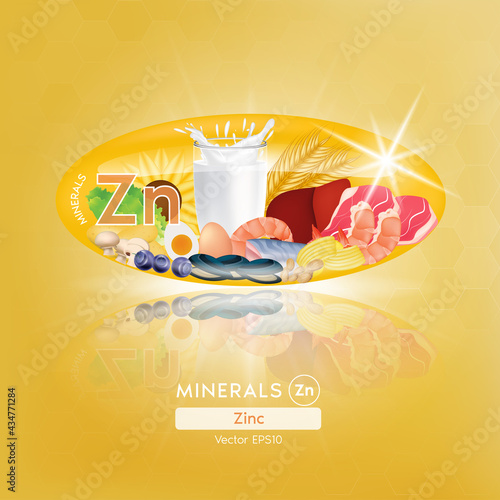 Orange zine mineral capsules. Benefits Healthy food of vitamins with mineral meat, seafood, vegetable and nuts. Medical and dietary supplement care concept. 3D Vector EPS10 illustration