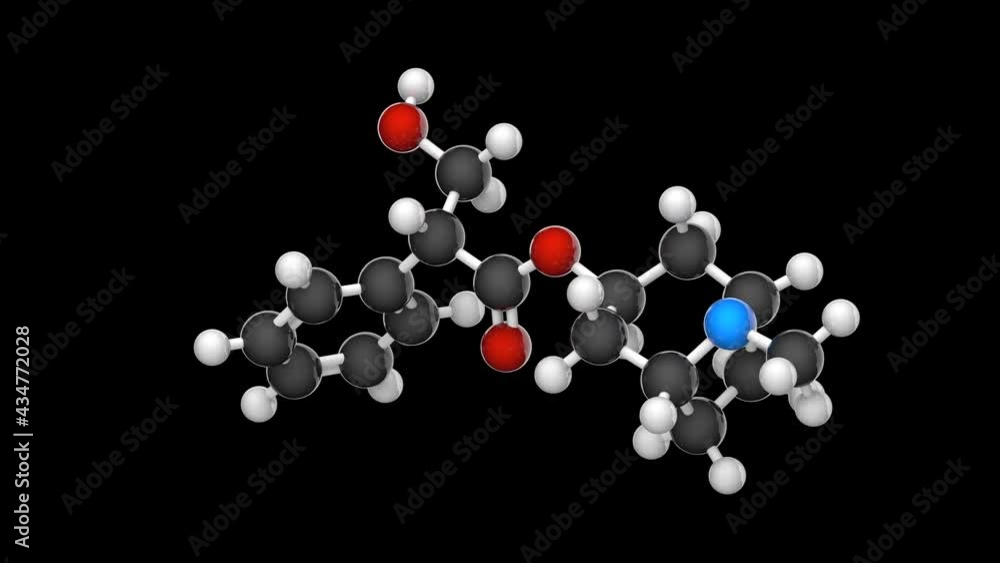 Atropine (Atropen) is a medication used to treat certain types of nerve agent. C17H23NO3. Chemical structure model: Ball and Stick. 3D render. Seamless loop. RGB + Alpha (Transparent) channel Atropine (Atropen) is a medication used to treat certain types of nerve agent. C17H23NO3. Chemical structure model: Ball and Stick. 3D render. Seamless loop. RGB + Alpha (Transparent) channel
