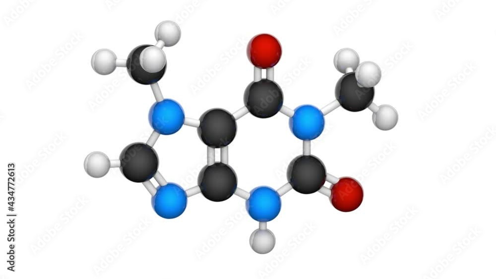 Paraxanthine (1,7-dimethylxanthine), is a dimethyl derivative of xanthine, structurally related to caffeine. Formula: C7H8N4O2. Chemical structure model: Ball and Stick. 3D render. Seamless loop. Paraxanthine (1,7-dimethylxanthine), is a dimethyl derivative of xanthine, structurally related to caffeine. Formula: C7H8N4O2. Chemical structure model: Ball and Stick. 3D render. Seamless loop.