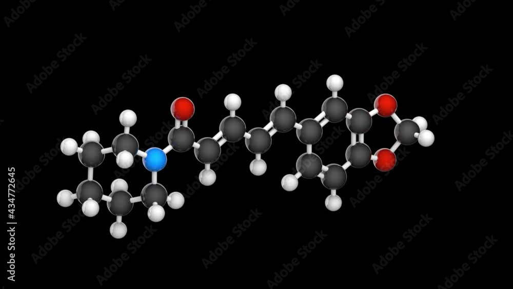 Piperineis the alkaloid responsible for the pungency of black pepper and long pepper. C17H19NO3. Chemical structure model: Ball and Stick. 3D render. Seamless loop. RGB + Alpha (Transparent) channel Piperineis the alkaloid responsible for the pungency of black pepper and long pepper. C17H19NO3. Chemical structure model: Ball and Stick. 3D render. Seamless loop. RGB + Alpha (Transparent) channel