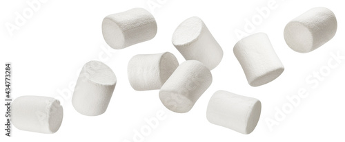 Canvastavla Falling marshmallows isolated on white background