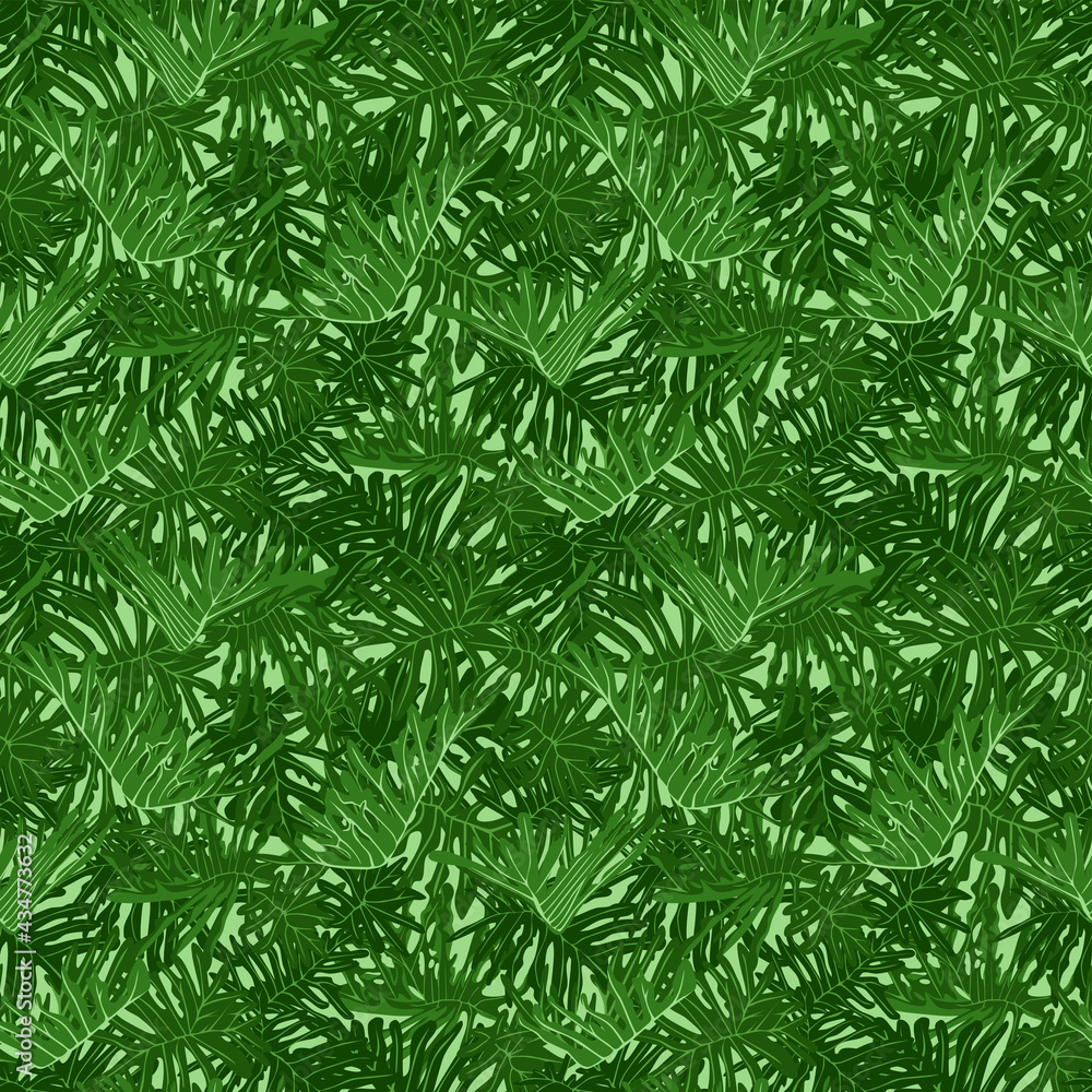 Green tropical foliage seamless pattern with exotic philodedron xanadu leaves illustration.