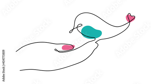 Bird on the hand one line vector illustration. Minimalistic hand drawn in one line trendy style. Creative line art illustration, outline sketch. Vector art print.
