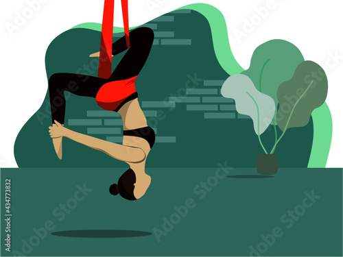 Women exercising at home in the concept of aerial yoga. Take care of every part of your health and body