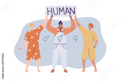 Three young happy people holding a banner with a word Human. Gender neutrality, identity, genderqueer and human rights concept. Vector hand drawn flat illustration