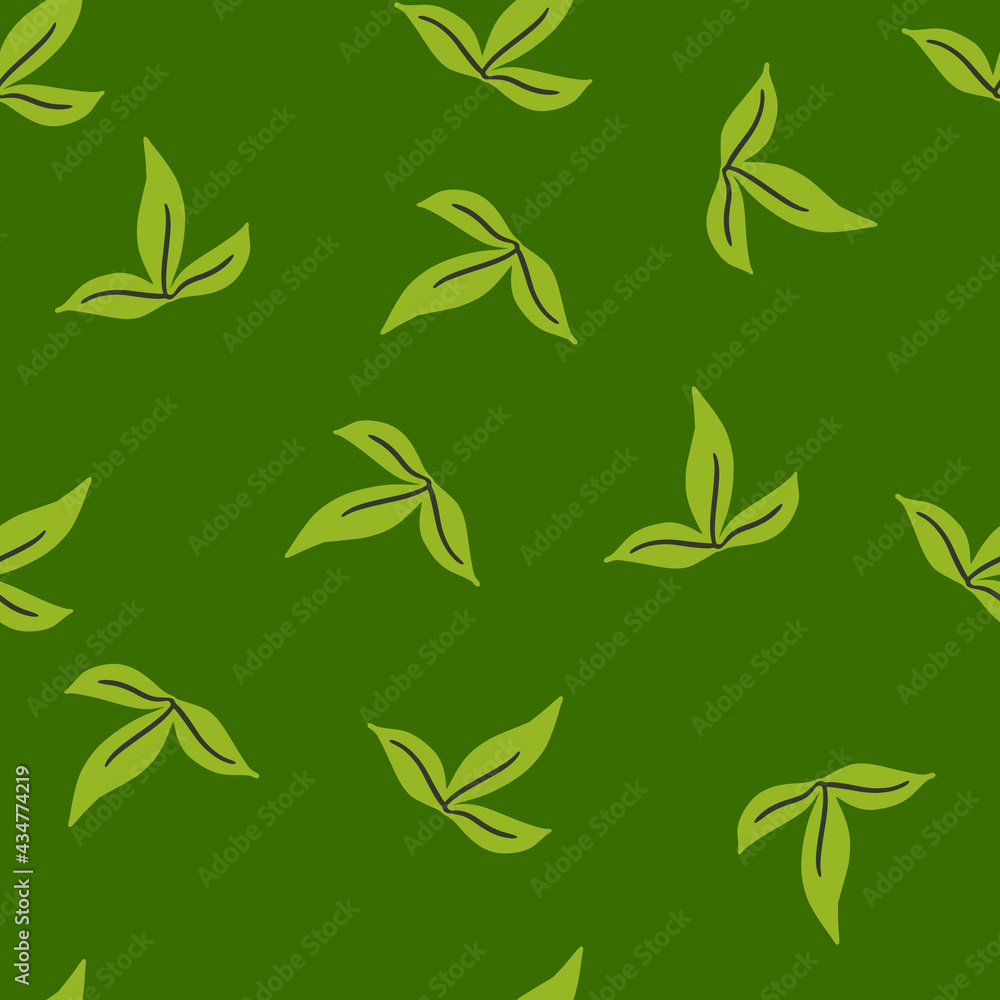 Simple leaf ornament seamless pattern in doodle style. Green palette artwork. Herbal backdrop. Simple leaf ornament seamless pattern in doodle style. Green palette artwork. Herbal backdrop.