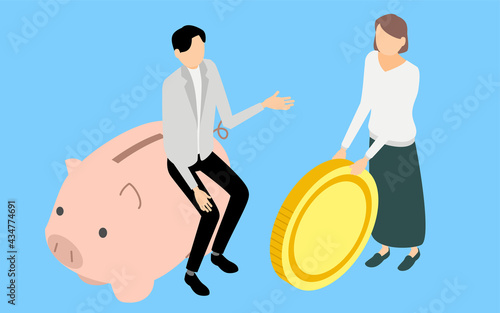 貯金のイメージ、豚の貯金箱と会話をする男女、アイソメトリック