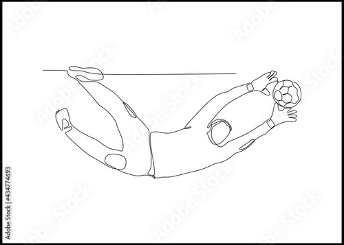 One male soccer player goalkeeper catching ball isolated on white background - continuous one line drawing