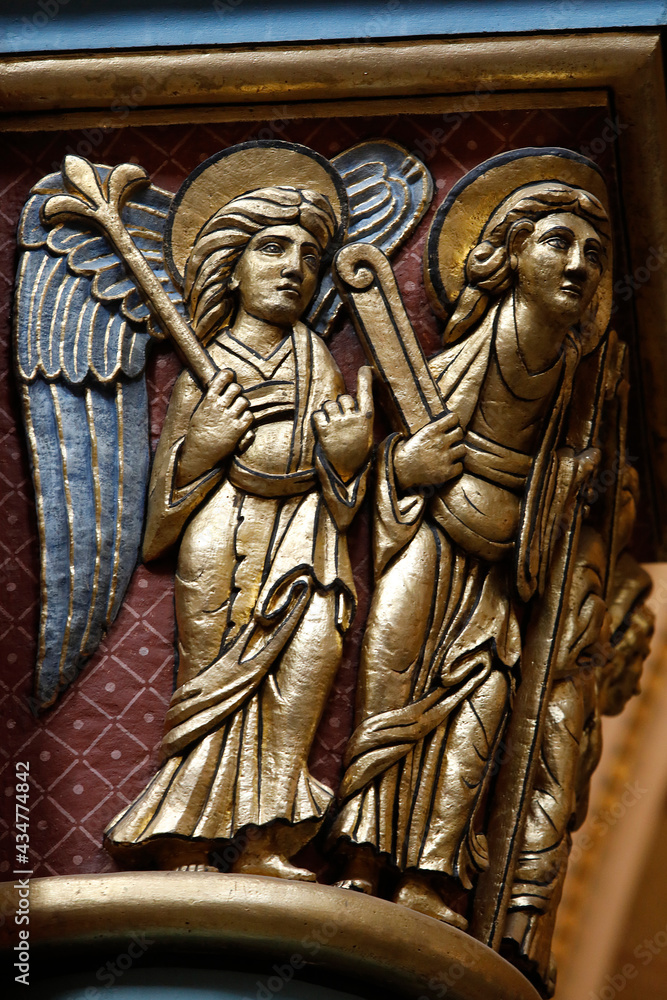 Saint Germain des Pres church, Paris, France. Capital. Angel and Saint Benedict.