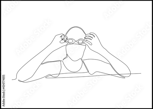 young woman wearing goggles in swimming suit and cap in swimming pool - continuous one line drawing