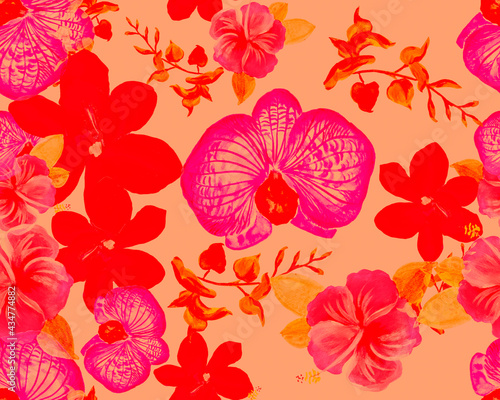 Red Botanical Leaves. Pink Orchid Background. Scarlet Hibiscus Wallpaper. Flower Painting. Watercolor Wallpaper. Seamless Painting. Pattern Background. Vintage Background.