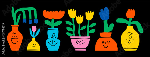 Abstract plants. Simple domestic Flowers in pots with faces. Hand drawn colored Vector Set. Floral design, Naive art, Infantile Style Art. Colorful trendy illustration. All elements are isolated