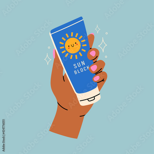 Female hand holding a lotion tube. Sunscreen Moisturizer, Sunblock, skin protection and UV rays blocking concept. Hand drawn Vector illustration. Pre-made poster or print template