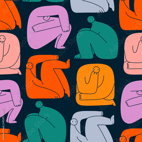 Various strange creatures or people or persons with long arms and small heads. Cute disproportionate characters in different poses. Hand drawn Vector illustration. Square seamless Pattern