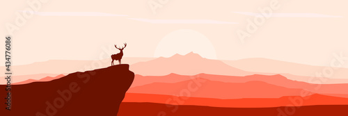 simple minimalist flat design a deer in the top of mountain for web banner, blog banner, wallpaper, background template, adventure design, tourism poster design, backdrop design