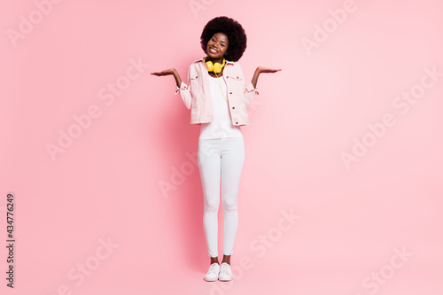 Slika na platnu Full length body size view of lovely discontent cheery girl listening hit shrug