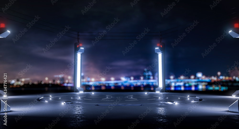 Futuristic Modern Empty Stage with Lights, Sci Fi Abstract Background. 3D Rendering.