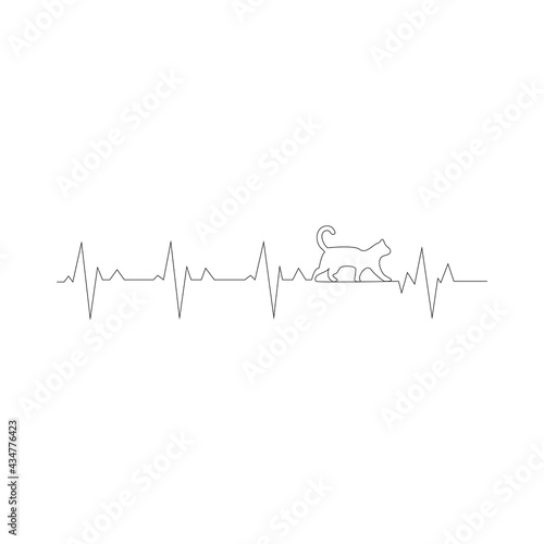 Heart Pulse, Cardiogram line vector, cat silhouette. Synonym Love cats. Minimalist art design, wall artwork, t shirt design, poster design, isolated on white background