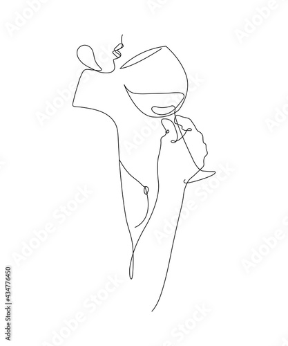 Nude woman with glass of wine in hand, one line drawing on white isolated background. Vector illustration
