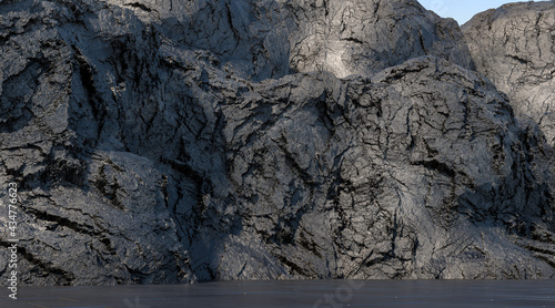 Abstract Black Rock Background with Empty Stage, Dark Stone Cliff Face, 3D Rendering.