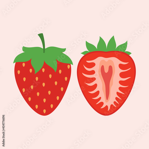 set with cartoon whole and half of strawberry isolated
