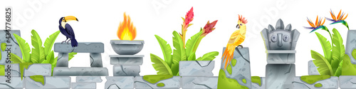 Jungle stone seamless border, ancient temple ruin frame, exotic flowers, toucan, parrot, totem idol face. Nature rocks vector background, banana leaves, fire, moss. Jungle stone isolated illustration