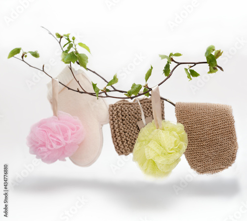 Slika na platnu different types of washcloths hanging on a birch branch
