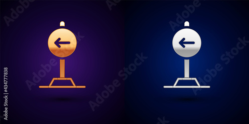 Gold and silver Traffic sign turn left warning attention icon isolated on black background. Traffic rules and safe driving. Vector