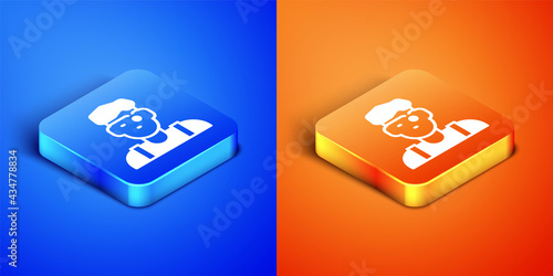 Isometric Jeweler man icon isolated on blue and orange background. Square button. Vector