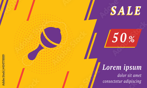 Sale promotion banner with place for your text. On the left is the baby rattle symbol. Promotional text with discount percentage on the right side. Vector illustration on yellow background