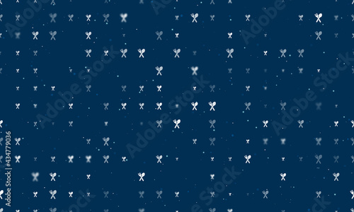 Seamless background pattern of evenly spaced white dinner time symbols of different sizes and opacity. Vector illustration on dark blue background with stars