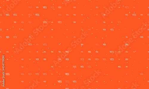 Seamless background pattern of evenly spaced white yes symbols of different sizes and opacity. Vector illustration on deep orange background with stars