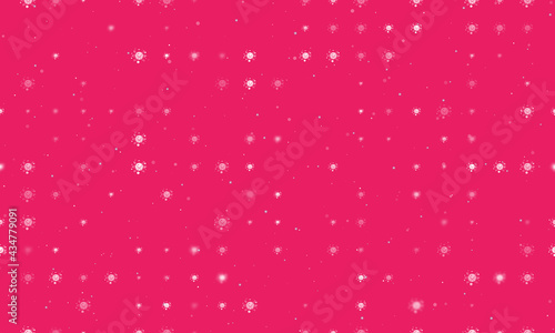 Seamless background pattern of evenly spaced white cosmic symbols of different sizes and opacity. Vector illustration on pink background with stars
