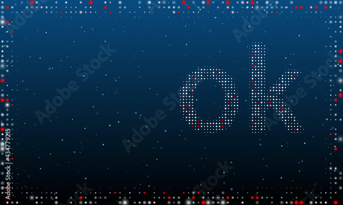 On the right is the ok symbol filled with white dots. Pointillism style. Abstract futuristic frame of dots and circles. Some dots is red. Vector illustration on blue background with stars