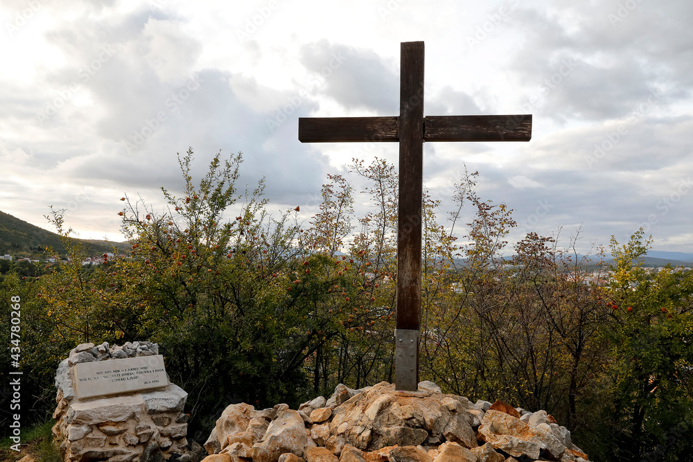 Wooden cross on Podbrdo Mountain at the place of apparition of the Virgin Mary, Medjugorje, Bosnia and Herzegovina