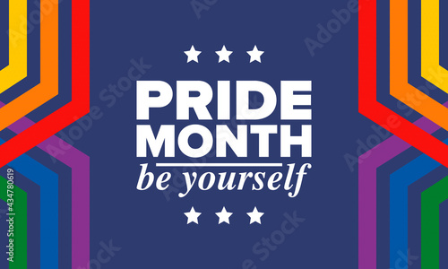 LGBTQIA Pride Month in June. Lesbian Gay Bisexual Transgender. Celebrated annual. LGBT flag. Rainbow love concept. Human rights and tolerance. Poster, card, banner and background. Vector illustration