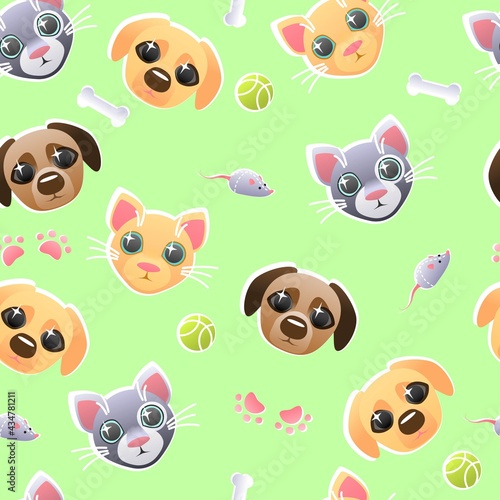 pets seamless pattern with cats dogs mouse bone ball and paws vector