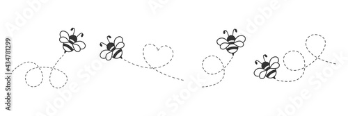 Cartoon bee icon set. Bee flying on a dotted route isolated on the white background. Vector illustration.