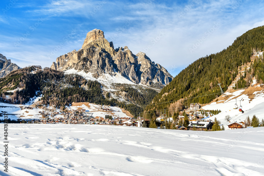 Ski Resort of Corvara on a sunny day, Alta Badia, Dolomites Alps, Italy