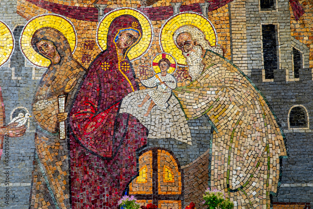 Orthodox mosaic in a Montenegro church. The holy family