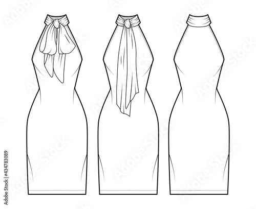 Dress neck bow technical fashion illustration with high halter neckline, sleeveless, fitted body, knee length pencil skirt. Flat apparel front, back, white color style. Women, men unisex CAD mockup