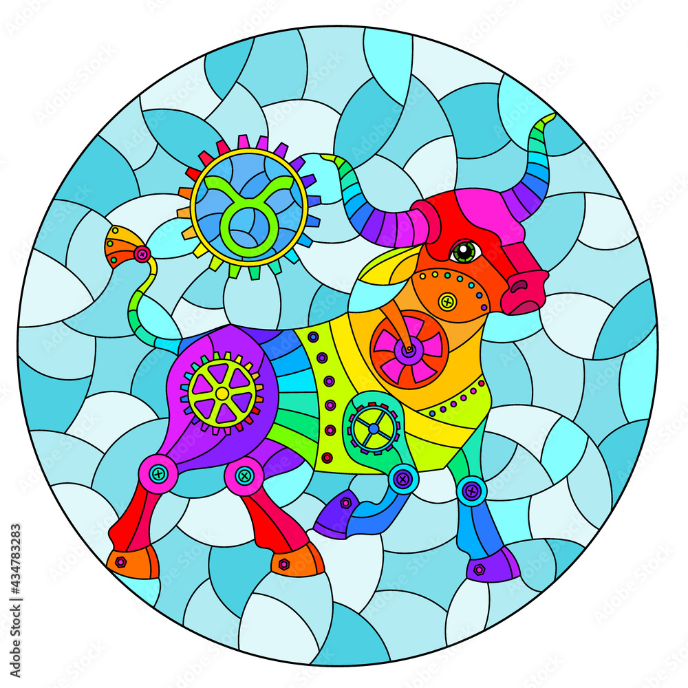 Illustration in the style of a stained glass window with an illustration of the steam punk sign of the horoscope Taurus, oval image