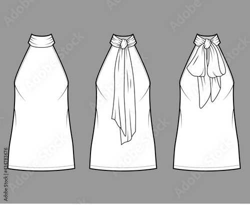 Dress neck bow technical fashion illustration with high halter neckline, sleeveless, oversized body, mini length pencil skirt. Flat apparel front, back, white color style. Women, men unisex CAD mockup