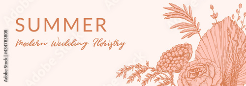 Horizontal summer banner with hand drawn modern floristry. Vector illustration in sketch style