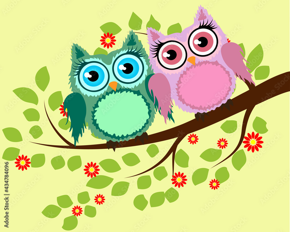 Obraz premium Bright cute cartoon owls sit on the flowering branches of fantastic trees.
