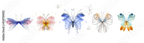 Hand-drawn butterflies collection. Watercolor and pen. Isolated on white background
