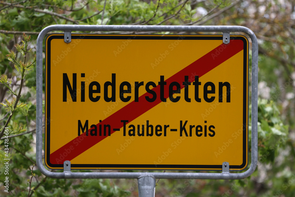 Yellow Traffic Sign with Local Town Names. Niederstetten in Baden-Wurttenberg, Germany.